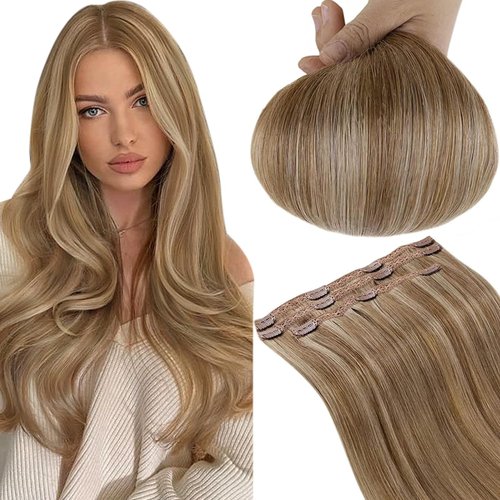 RUNATURE Clip in Hair Remy Human Hair Clip in Extensions 16 Inches Golden Brown with Golden Blonde Highlighted Color 10P16 50g 3pcs Double Weft Clip on Hair Extensions