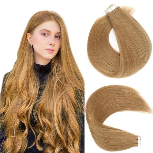 Lovrio Tape in Hair Extensions Blonde Human Hair Tape ins Extensions Seamless Double Side Skin Weft Straight Hair for Women #27 Strawberry Blonde Color Soft and Invisible 50 Gram 14 Inch 20 Pcs