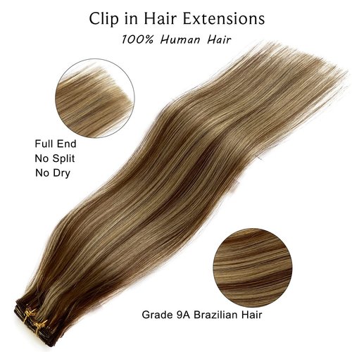 Clip in Hair Extensions Real Human Hair Clip in Extensions,18 Inch Chestnut Brown Balayage Blonde Highlights Real Hair Extensions Clip in Human Hair 7 Pieces 70G Double Weft Remy Human Hair Extensions