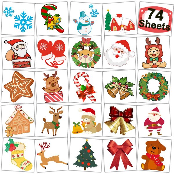 CHARLENT Christmas Temporary Tattoos for Kids - 74 Individually Sheets Christmas Tattoos for Kids Christmas Xmas Party Favors, Stocking Stuffer, Christmas Eve Gift