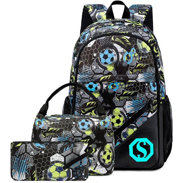 CAMTOP School Backpack Kids Boys Soccer Bookbag Set Student Backpack with Lunch Box and Pencil Case (Score,Graffiti Print)
