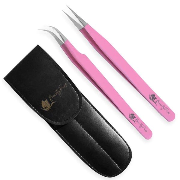 BeautyPros Eyelash Extension Tweezers - Stainless Steel Straight & Curved Tweezer Set - Classic Tip Tweezers For Volume Lash Extension - Pack of 2 - Pink Tweezers (Pink)