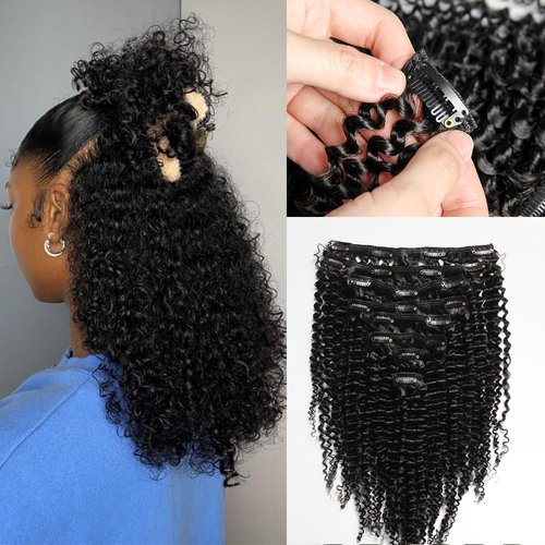 KRN Clip in Hair Extensions Real Human Hair, 136g 8pcs Natural Black Hair Extensions Clip ins for Black Women Full And Thick Kinky Curly Clip in Human Hair Extensions 20 Clips Easy to Wear 14 Inch