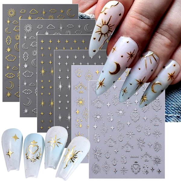 6 Sheets Gold Star Sun Moon Nail Art Stickers 3D Self Adhesive Nail Decals Supplies Glitter Silver Star Sun Moon Nail Stickers for Women Girls DIY Manicure Tips Gold Silver Nail Stickers for Nail Art