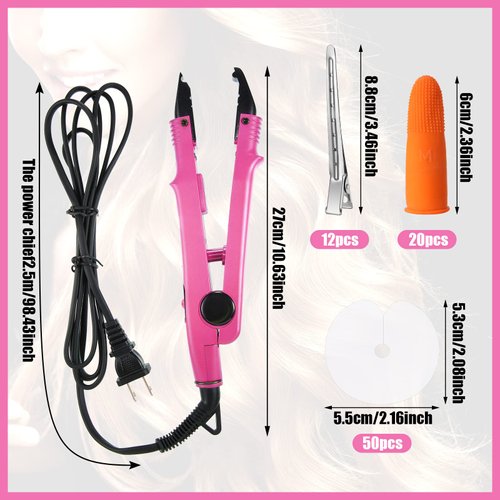 Hair Extensions Tool Set Fusion Heat Iron Connector Wand Hair Extensions Heat Tool with Fusion Glue Protector Templates Hair Clips Finger Protector 2 Bags Keratin Glue Granule Beads(Pink,)