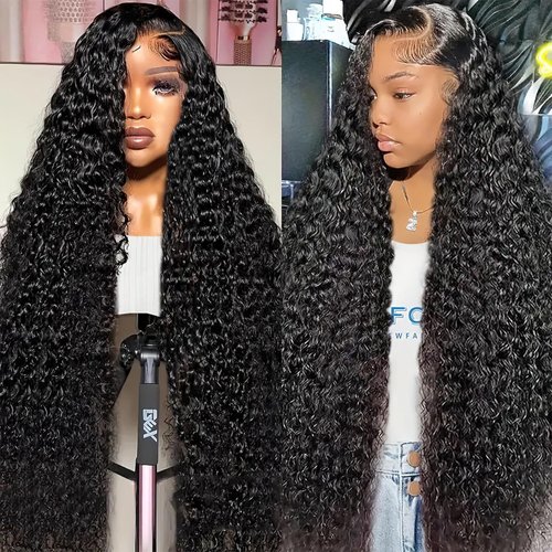 Boxkat 13x4 Deep Wave Lace Front Wig 28 Inch HD Transparent Lace Frontal Wigs 150% Density Human Hair Pre Plucked Pre Cut Black Wig for Women Glueless Synthetic Curly Wigs