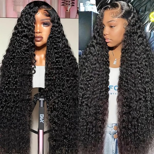 Boxkat 13x4 Deep Wave Lace Front Wig 28 Inch HD Transparent Lace Frontal Wigs 150% Density Human Hair Pre Plucked Pre Cut Black Wig for Women Glueless Synthetic Curly Wigs