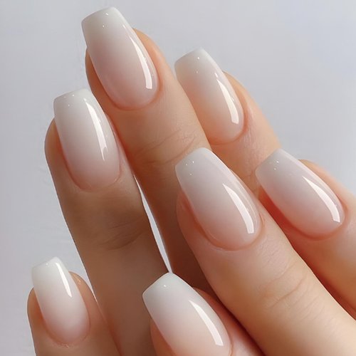 Hkanlre Bling Coffin Press on Nails Fake Nails Tips Full Cover Medium False Gradient Nails for Women and Girls 24PCS (Nude gradient coffin)