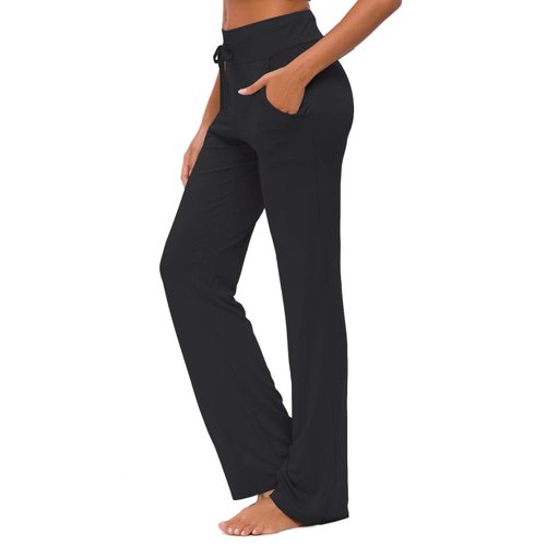 ADANIKI Womens Yoga Pants with Pockets Straight-Leg Loose Comfy Modal Drawstring Lounge Running Long Active Casual Sweatpants Workout Black