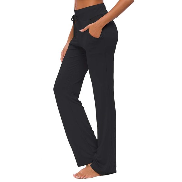 ADANIKI Womens Yoga Pants with Pockets Straight-Leg Loose Comfy Modal Drawstring Lounge Running Long Active Casual Sweatpants Workout Black