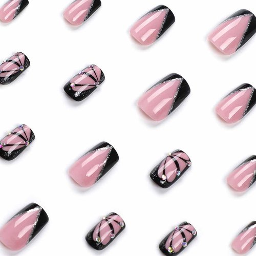 RikView French Tip Nails Square Press on Nails Medium Fake Nails Black Nails with Butterfly Design Glossy Nails 24 PCS