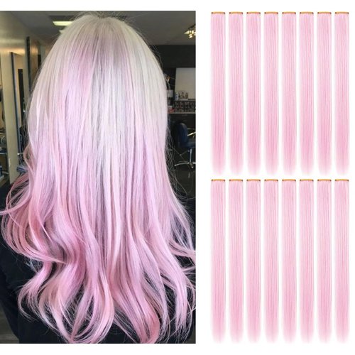 HUANLING 12 PCS Colored Hair Extensions Party Highlights Colorful Clip in Muilt Hair Extensions 21 Inch Straight Synthetic Hairpieces for Women Cosplay (Light pink)