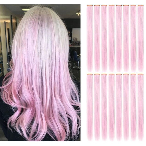 HUANLING 12 PCS Colored Hair Extensions Party Highlights Colorful Clip in Muilt Hair Extensions 21 Inch Straight Synthetic Hairpieces for Women Cosplay (Light pink)