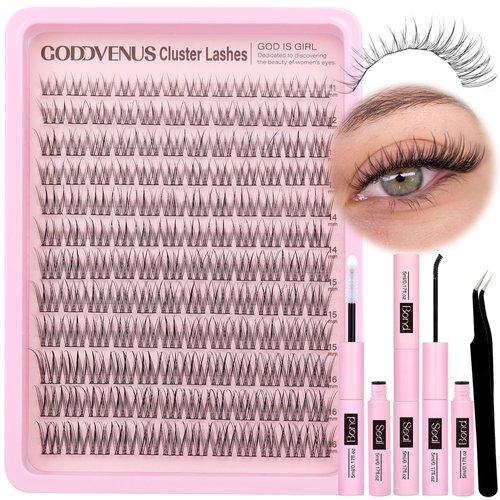 Goddvenus Wispy Lash Clusters Kit 11-16 mm Lash Extension Kit Cluster Eyelash Extension Natural Individual Lashes CD Curled Eyelash Clusters with Lash Bond and Seal and Lash Tweezers for DIY at Home