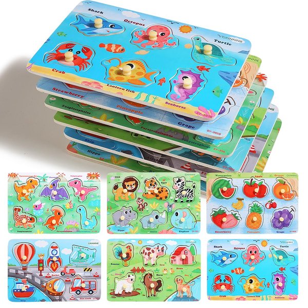 Generic Wooden Toddler Puzzle Toy for 1 2 3 Years Old, 6 Pcs Montessori Learning Peg Puzzles for Kids - Fruit, Dino, Animal, Farm, Sea Creature and Transport Topic, Birthday for Girls Boys