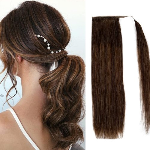 Ponytail Hair Extensions Human Hair Omber Dark Brown with Chestnut Brown Balayage 20inch 80g Long Straight Ponytail Extension Wrap Around Clip in Ponytail Hair Piece