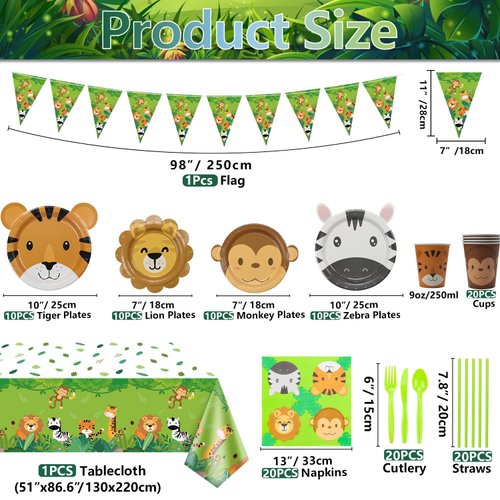 162Pcs Jungle Party Supplies- Include Animal Shape Plates, Jungle Tablecloth, Safari Flag, Napkins, Cups, Cutlery, Safari Theme Party Supplies for Kids Birthday Baby Shower Wild One, Serves 20 Guests