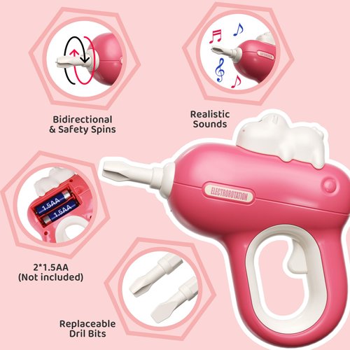 hunloot Kids Tool Set, Christmas Birthday Gift for 3 4 5+ Years, Toddler Tool Set with Electronic Toy Drill and Portable Toolbox, Toddler Construction Toy Tools Kit, Girls Pretend PlayTool Set (Pink)