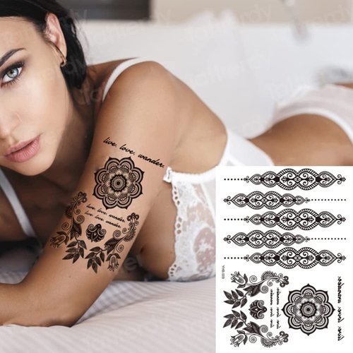 6 Sheets Black Henna Temporary Tattoos for Women Girls Lace Fake Tattoo Stickers Mystery Sexy Mandala Flower Body Art Design Waterproof Henna Sticker DIY Goddess Look