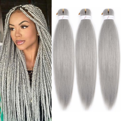 ADIASAI Braiding Hair Pre Stretched 16 Inch 3 Packs, Grey Pre stretched Braiding Hair for Professional Braiding Hair Extensions, Hot Water Setting Yaki Texture Synthetic Hair