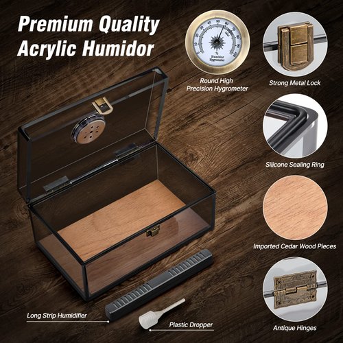 Scotte Cigar Humidors Acrylic Humidor Cigar Box With Hygrometer and Humidifier Hold 20 Cigars Portable Cigar Travel Case Include Cigar Cutters & Cigar Punch Accessories (Grey)