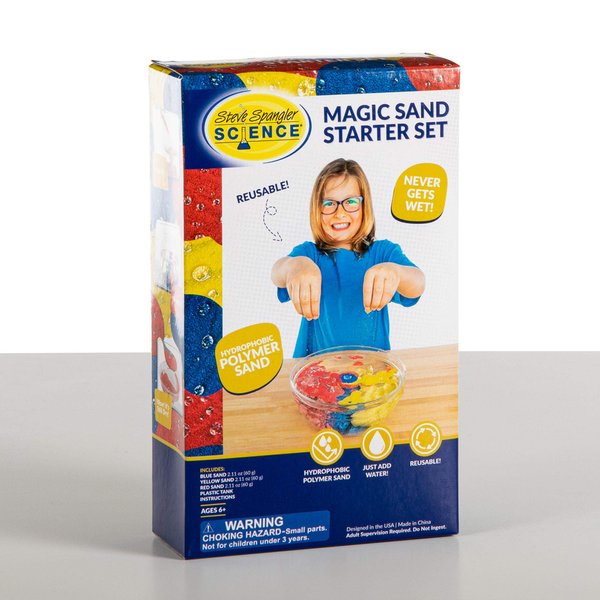 Steve Spangler Science Magic Sand Starter Kit – Includes Blue, Red & Yellow Play Sand (2.12 oz. Each) and Plastic Tank – Colored Play Sand That Never Gets Wet, Exciting STEM Activity