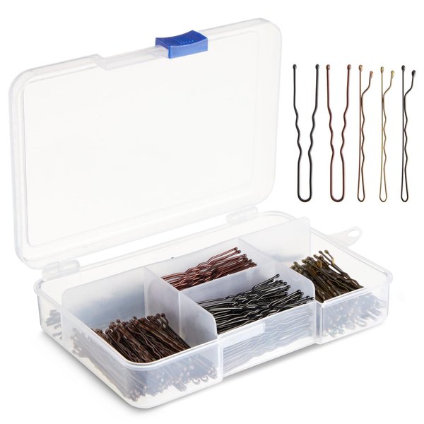 Okuna Outpost 360 Pack 2 Inch Hair Pins with Clear Holder, Bulk Set of Bobby Pins in 2 Styles and 4 Colors