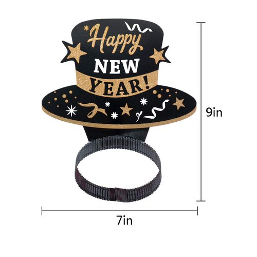 WEEPA 12Pcs New Year's Eve Party Supplies Party Decorations 2025 New Year Eve Hats HAPPY NEW YEAR Headbands Paper Black Tiara With Gold Glitter Headbands Kit for Kids Adults