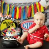 MEMOVAN Fast One Cake Topper Race Car First Birthday Cake Decorations with Red Black Balls for Boy's Kids Racing Car Checkered Flag Themed Birthday Party Favors