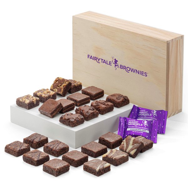 Fairytale Brownies Wooden Box Magic Morsel 24 Individually Wrapped Gourmet Chocolate Food Gift Basket - 1.5 Inch x 1.5 Inch Bite-Size Brownies - 24 Pieces - Item KF424