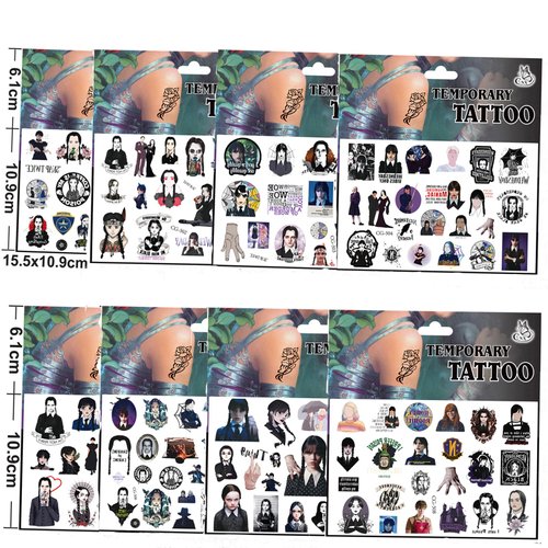 Wednesday Addams Temporary Tattoos for Kids 8 Sheets Cartoon Wednesday Movie Theme Birthday Party Supplies Favors Tattoos Stickers Party Decorations for Classroom School Prize Boys Girls Carnival