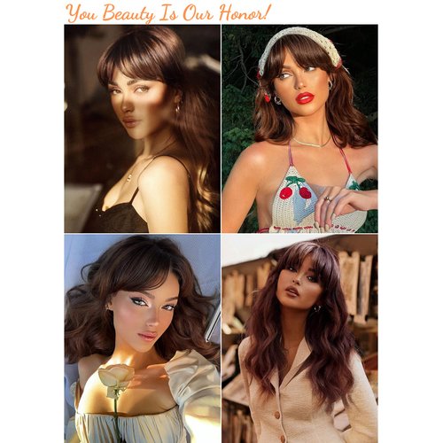 Honygebia Dark Brown Wig with Bangs - Long Wavy Brunette Wigs for Women, Chocolate Brown Synthetic Heat Resistant Hair, Natural Looking Long Brown Wig - Best Wigs for Halloween/Christmas/Party