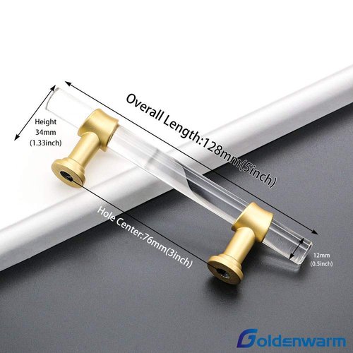 goldenwarm 5 Pack Acrylic Drawer Pulls 3in Gold LS9165GD76 Cabinet Handles for Kitchen, Dresser Drawer Clear Glass Handle Pull