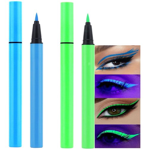 2Pcs Blue Green Neon Colorful Liquid Eyeliner Makeup Set Kit Glow in the Dark Bright Rainbow Colored Pigmented Graphic Liquid Eyeliner Pen Set for Body Face Paint Delineador de ojos líquido de neón