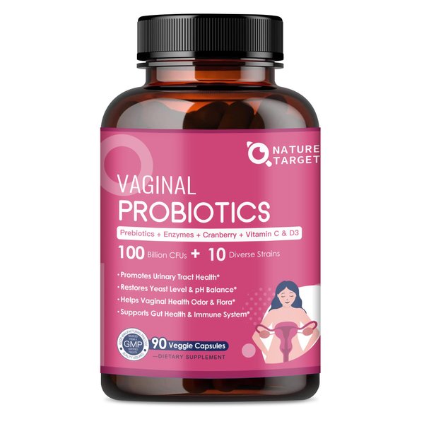 NATURE TARGET Vaginal Womens Probiotics, 100 Billion CFUs Probiotics & Prebiotics with Digestive Enzymes, Cranberry & D-Mannose - Supports pH Balance, Odor & Urinary Tract Health - 90 Capsules