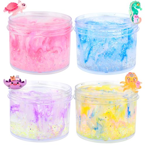 4 Pack Crystal Slime Kit with Scented DIY Slime for Girls and Boys, Super Soft, Non-Sticky Stress Relief Toy, Party Favors and Birthday Gift