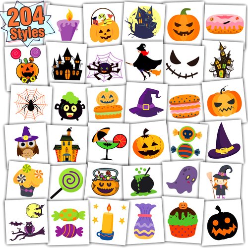 Partywind 204 Individually Wrapped Sheets Halloween Tattoos for Kids Party Supplies, Halloween Pumpkin Ghost Decorations, Halloween Treats Goodie Bag Stuffers for Boys and Girls