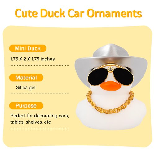 wonuu Car Rubber Duck, Dashboard Decorations Colorful Sparkly Cowboy Hat Ducks for Car Ornament Accessories with Hat, Diamond Glasses, Necklace, Pure White