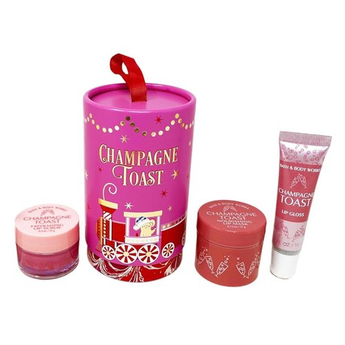 Bath & Body Champagne Toast - Mini Gift Set - 3 Step Lip Routine with Exfoliating Lip Scrub, Lip Mask, and Lip Gloss - Arranged in a Festive Gift Box