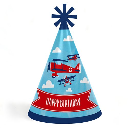 Big Dot of Happiness Taking Flight - Airplane - Cone Happy Birthday Party Hats for Kids and Adults - Set of 8 (Standard Size)