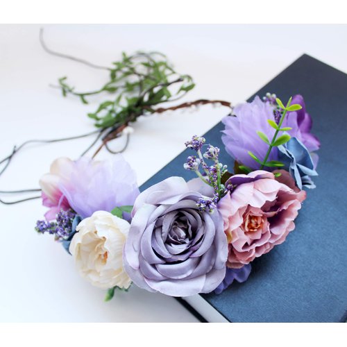 LLinfflr Boho Flower Crown Flower Garland Headband Hair Wreath Floral Halo Headpiece with Ribbon Wedding Party Lavander