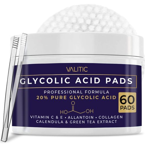 VALITIC 20% Glycolic Acid Pads for Face - Exfoliating Facial Polish with Vitamin C, E, Allantoin, Collagen Calendula, Green Tea - Skin Care Peel Wipes Treatment for Pores, Scars, Wrinkles - 60 Pads