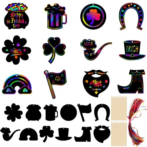 Pack of 48 St. Patrick's Day Scratch Art Paper Crafts, St. Patrick's Rainbow Paper Crafts Kit for Kids, Colorful DIY St. Patrick's Day Hanging Ornaments for Home Classroom Decor, Crafts for Kids