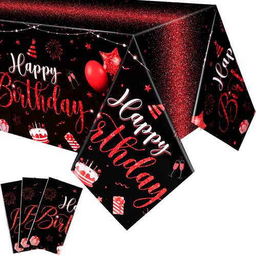 Tudomro 3 Pcs Happy Birthday Tablecloths Happy Birthday Decorations Plastic Table Cover Rectangular Cloths for Women Men Baby Shower Birthday Party Supplies, 108 x 54 Inch (Black Red)