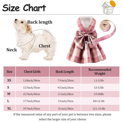 Potchen 4 Pcs Plaid Dog Dress Bow Tie Harness Leash Set Harness Dress for Small Dogs Cute Dog Pet Girl Puppy Summer Clothes for Female Summer Bunny Rabbit Clothes Yorkie Chihuahua Training Walking (S)
