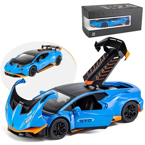 1:24 Alloy Diecast Car Model for Lamborghini Huracan STO 2021 Toy Car, Pull Back Vehicles Model Cars Toy for Kids 3 to 12 Years Old Gift Adult Collection Car Model with Light & Sound (Vibrant Blue)