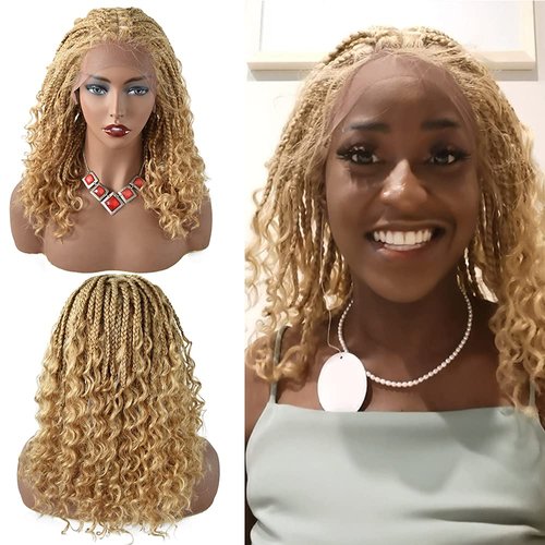 Curve Hair Curly Braided Swiss Lace Front Wigs for Women with Baby Hair Hand Made Crochet Hair Curly Ends Box Braided Wig Heat Friendly Kanekalon Synthetic Blonde Color 18Inch (LL602483C, 27/613M)