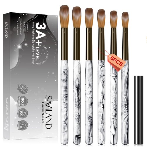 Saviland Kolinsky Acrylic Nail Brush Set – 6PCS Professional Acrylic Nail Brushes, Ink Painting Handle Nail Brushes for Acrylic Application Nail Extension & Carving Size 4/8/10/12/14/16