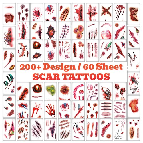 60 SHEET Halloween Scar Tattoos, 60 Sheet Halloween Zombie Scars Tattoo Stickers Fake Scab Blood Special Fx Costume Makeup Props, Halloween Make Up Party Scar Tattoo Masquerade Prank Prop Decorations