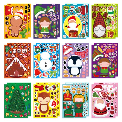 OTAITY 24 Sheets Christmas Stickers Make a Face Christmas Stickers for Kids, Make Your Own Christmas Stickers DIY Christmas Party Games Sticker for Christmas Party Favor Supplies Holiday Game Rewards